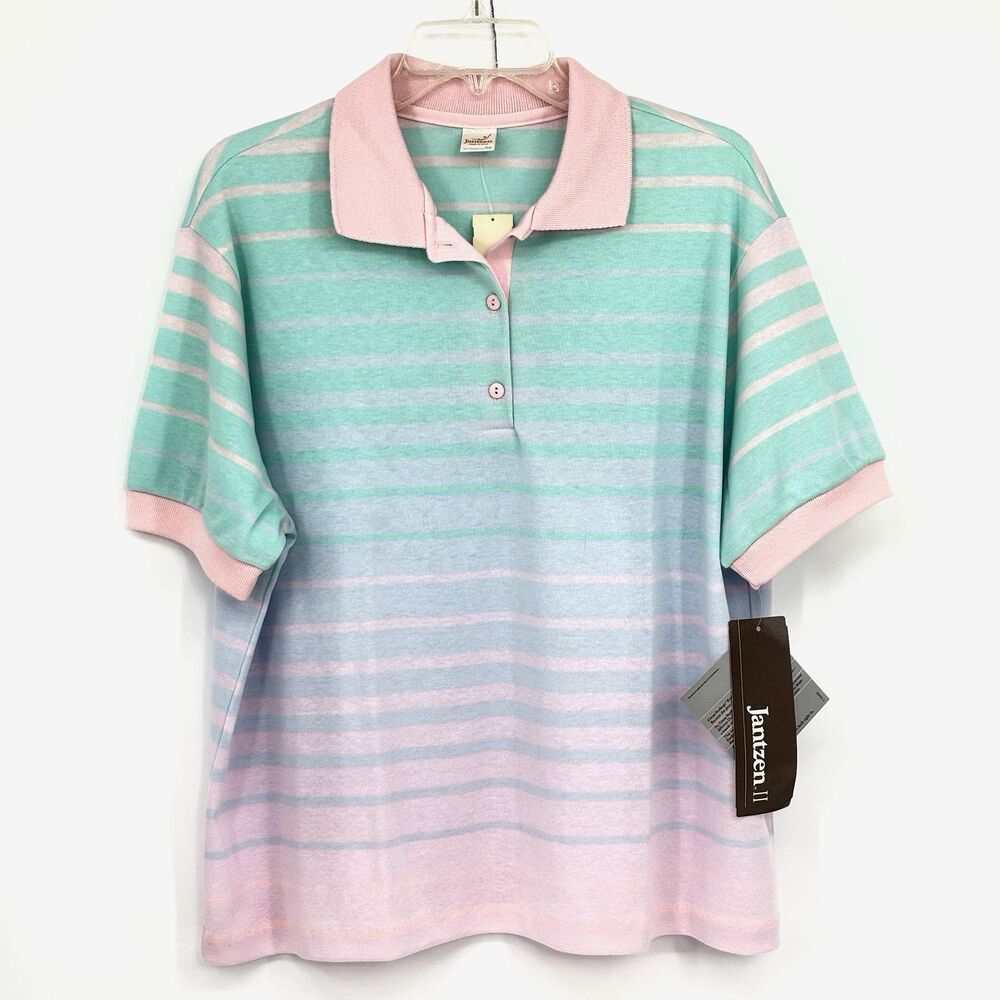 Jantzen Knitwear Women 2X Mint Multi/Pink/Purple Stripe Polo Shirt VTG NWT
